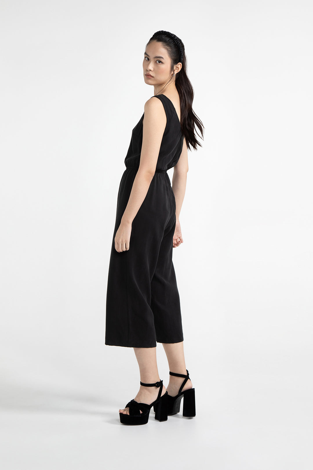 Black jumpsuit and heels sales